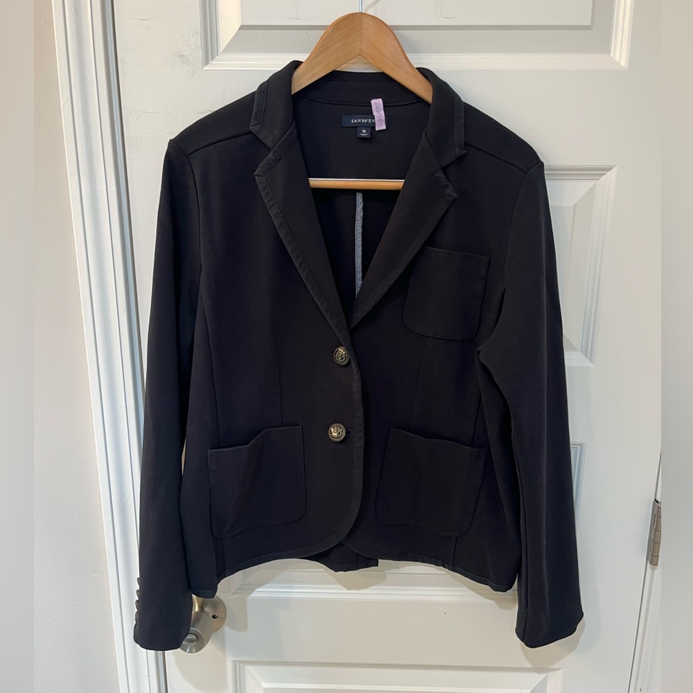 Lands End Women’s Black Blazer Nautical Heavy Stretch Cotton Anchor Button Sz.16